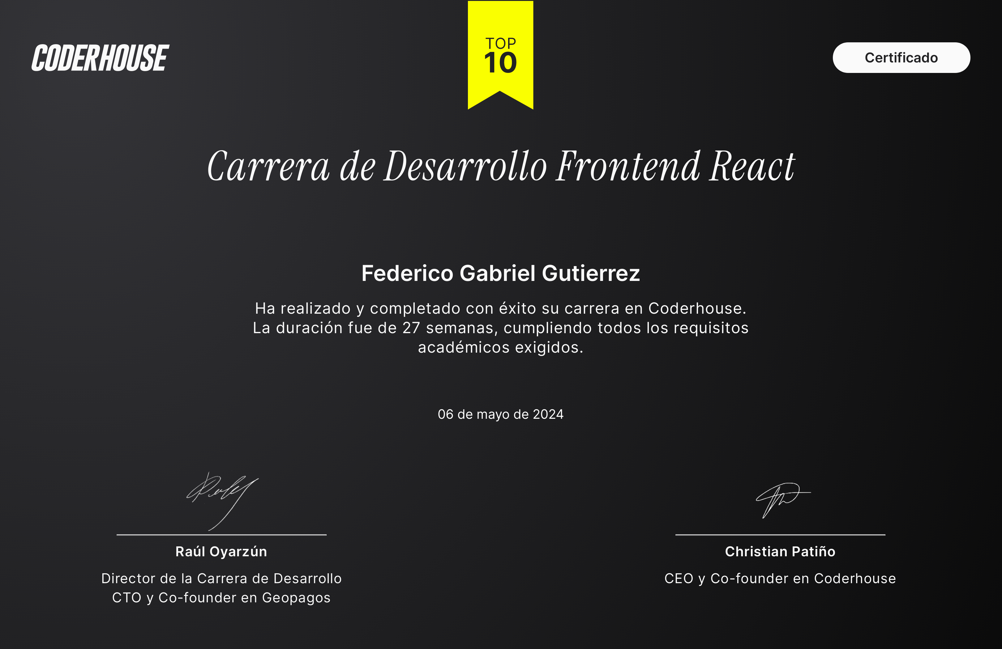 Certificado Carrera de Desarrollo Frontend React